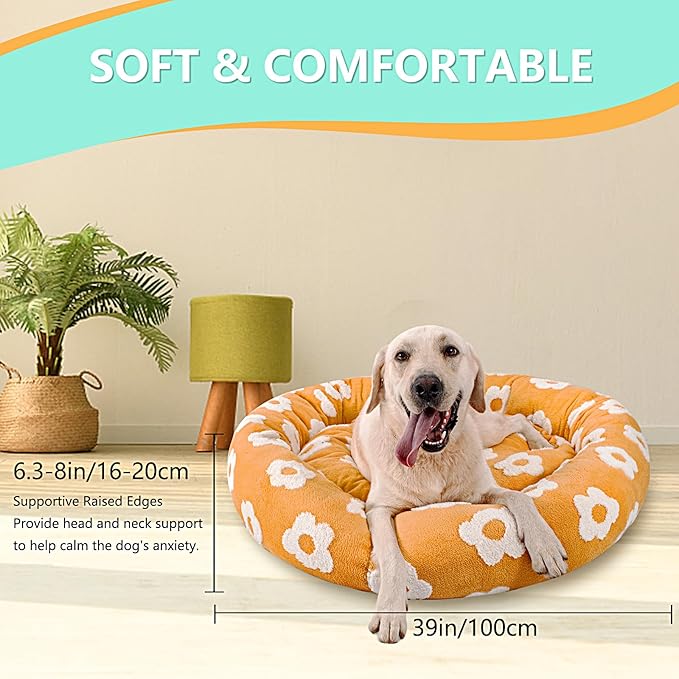 39 Inch Calming Dog Bed for Large Dogs, Round Anti-Anxiety Warm Bed, Soft Cozy Anti-Slip Donut Washable Pet Bed, Fits up to 100 lbs Pets