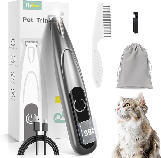 Dog Grooming Kit with LED Display, 35dB Ultra-Low Noise Dog Paw Trimmer, Cordless Hair Trimmer for Paws, Ears, Face, Rump with LED Light (Light Sliver)