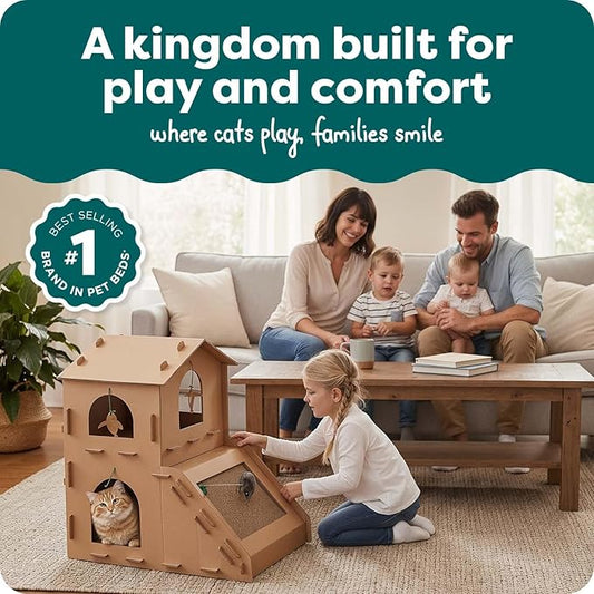 FurHaven Townhouse Multi-Level Cardboard Cat House for Indoor Cats with Catnip & Toys, Double-Walled Corrugated Scratcher Designed for Lounging, Play & Comfort, One Size, Cardboard, Brown