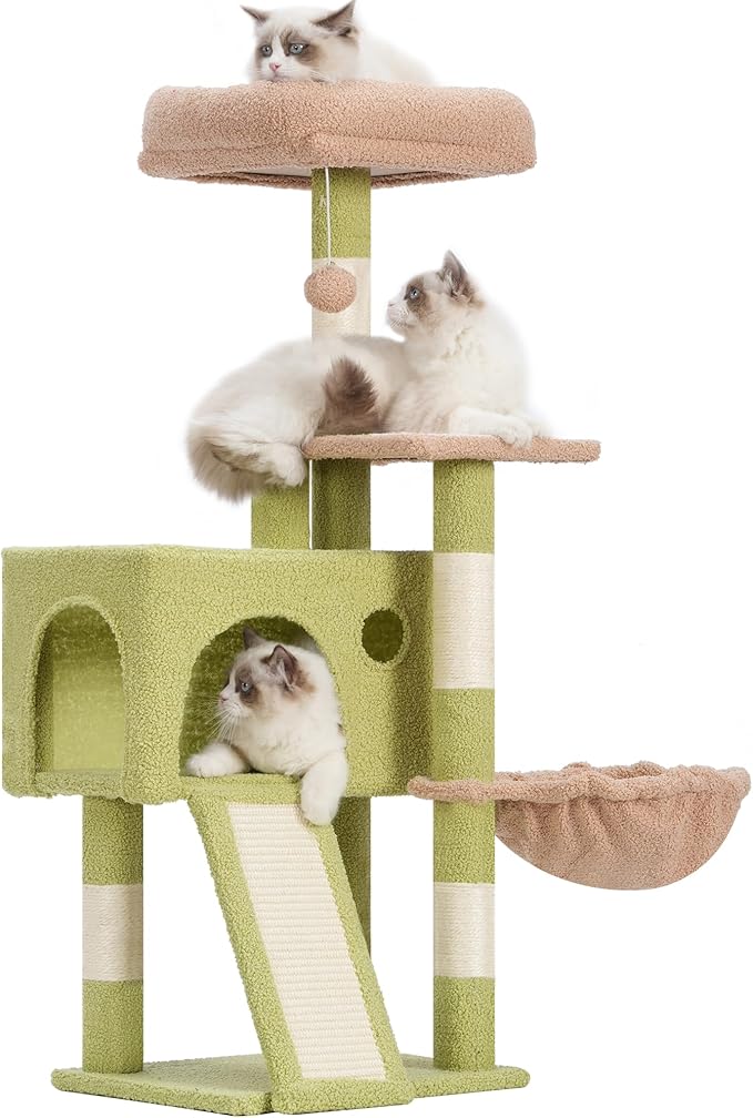 Gitelsnour Cat Tree, 41.3" Cat Tower for Indoor Kittens with Scratching Board and Posts, Multi-Level Cozy Cat Condo with 2 Perches, Hammock, Balls, Green and Yellow GCT005SGY