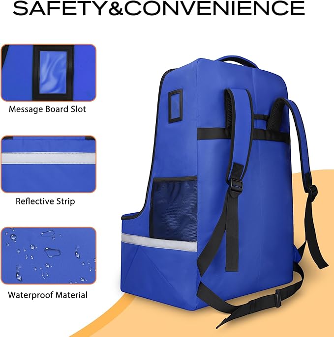 LARIPOP Car Seat Travel Bag for Airplane Gate Check Approved, Padded Backpack with Adjustable Straps, Reflective Strips & Protective Feet for Infant Convertible Booster Seats, Blue
