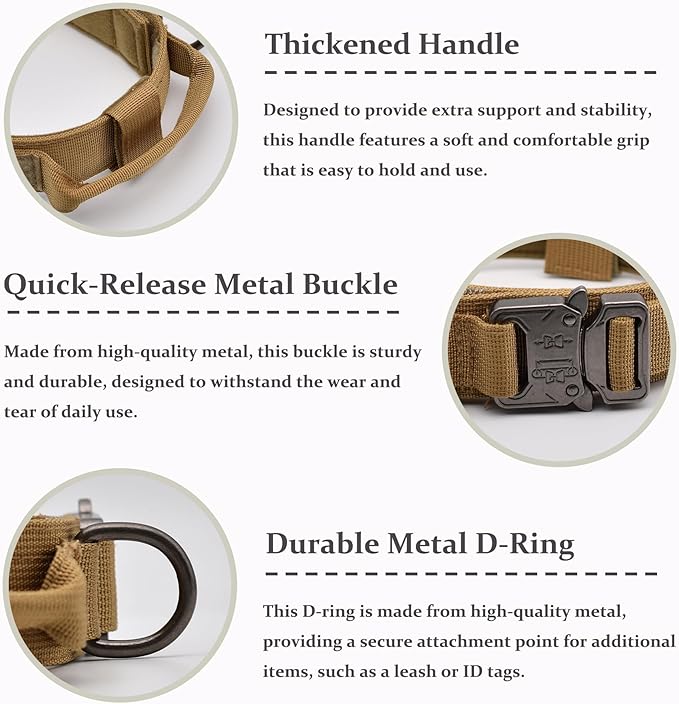 Tactical Dog Collar Set, Adjustable Military Training Nylon Dog Collar with Control Handle and Heavy Quick-Release Metal Buckle for Small Medium Large Dogs, Brown Set XL