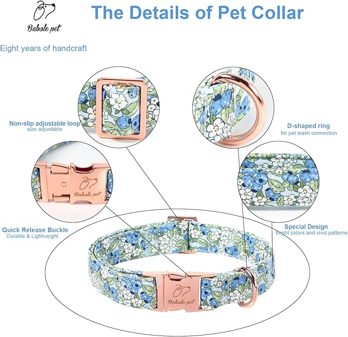 Blueberry Garden Dog Collar, Spring/Summer Cottagecore Floral Dog Collars, Adjustable Heavy Duty Girl Dogs Collar for Small Medium Large Dogs with Metal Buckle S