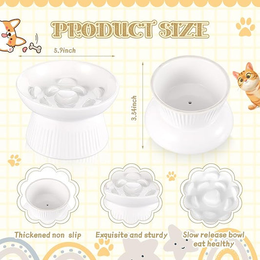 Layhit 2 Pack Raised Slow Feeder Cat Bowls Ceramic Elevated Cat Food Bowls Anti Vomiting Slow Feeder for Dog and Kitten for Dry and Wet Food(White)
