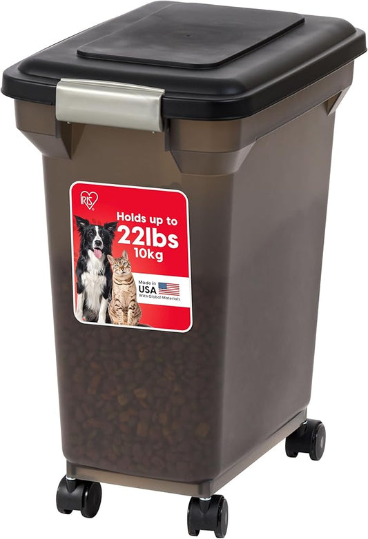 IRIS USA Airtight Dog Food Storage Container, WeatherPro, Up to 22 lbs, Removable Wheels, for Dog Cat Bird and Other Pet Food Storage Bin, Keep Fresh, Made in USA, Smoke