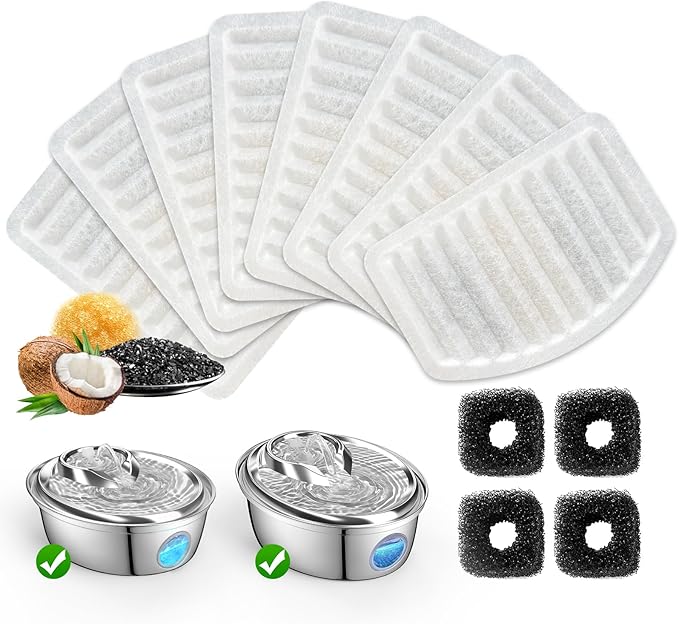 ORSDA Cat Water Fountain Filters, ONLY for D36/D66 Cat Fountain With Water Level Window, (8 Filters Replacement+4 Pump Sponges)