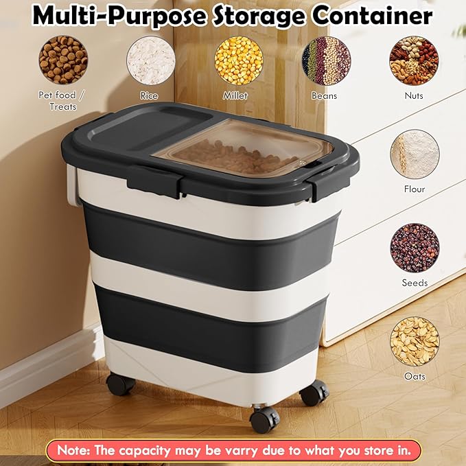 25Lbs Dog Food Storage Container, Large Collapsible Pet Cat Food Container with Airtight Lids Wheels Handle Scoop Measuring Cup Small Container, Rice Kitchen Dry Food Storage Dispenser Bin (Black)
