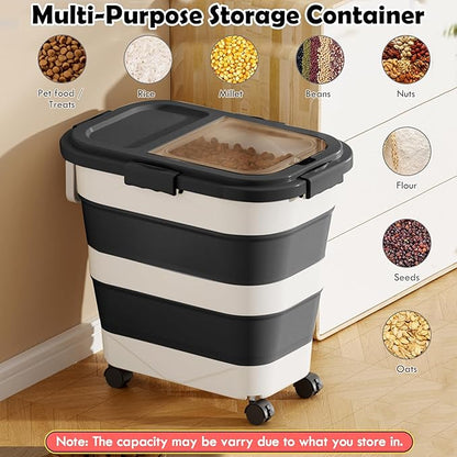 25Lbs Dog Food Storage Container, Large Collapsible Pet Cat Food Container with Airtight Lids Wheels Handle Scoop Measuring Cup Small Container, Rice Kitchen Dry Food Storage Dispenser Bin (Black)