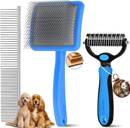 Large Dog Slicker Brush for Goldendoodles, Poodles - 3 in 1 Grooming Kit with Undercoat Rake, Comb - Extra Long Pins for Dematting Great Pyrenees, Thick Coats, Shedding, Detangling, Blue