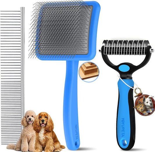Large Dog Slicker Brush for Goldendoodles, Poodles - 3 in 1 Grooming Kit with Undercoat Rake, Comb - Extra Long Pins for Dematting Great Pyrenees, Thick Coats, Shedding, Detangling, Blue