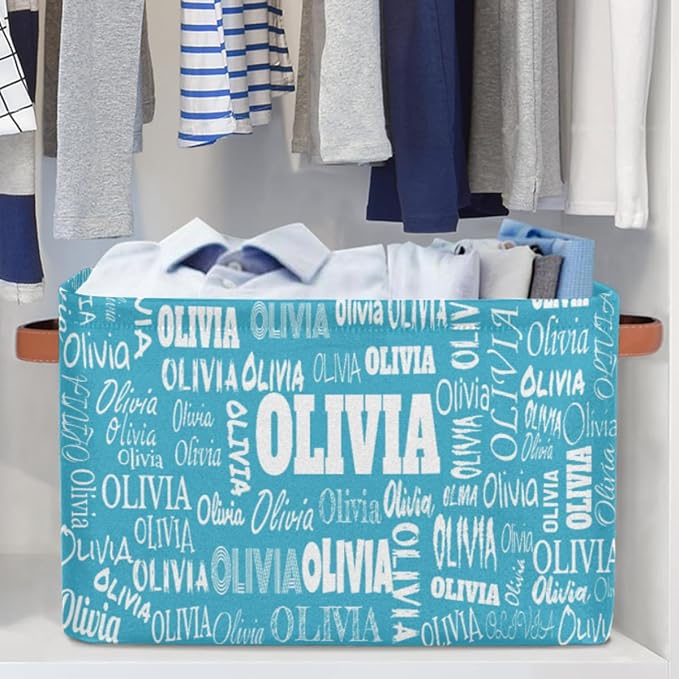 Custom Storage Baskets Named, Personalized Storage Bins Basket Boxes PU Leather Handles for Clothes Bedroom Closet Organizing Toys Books Shelves, Sky Blue Solid Color