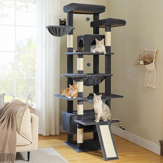 MUTTROS 81 Inch Tall Cat Tree for Big Cats & Multi-Cat Homes, Large Heavy Duty Cat Tower with Metal Frame Hammock, 6 Scratching Posts, 2 Condos, 2 Perches, Scratching Pad - Dark Grey