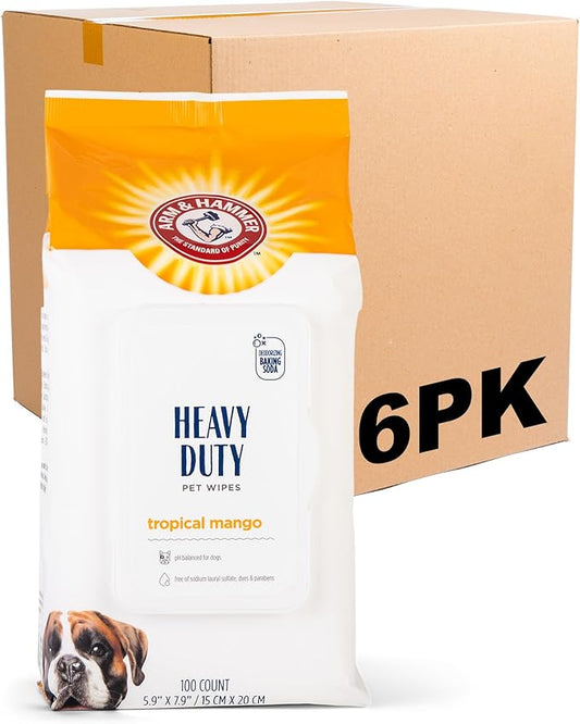 Arm & Hammer for Pets Heavy Duty Multipurpose Dog Wipes, Paw and Butt Wipes for Dogs to Help Clean Deodorize and Freshen Coat and Skin Between Baths, Mango Scent, 100 Count - 6 Pack