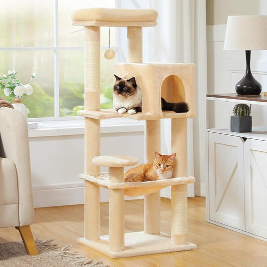 MUTTROS Cat Tree for Indoor Cats, 44.5" Multi-Level Cat Tower with Large Metal Frame Hammock, Cat Condo with 2 Scratching Posts and Top Perch for Small to Medium Cats, Beige