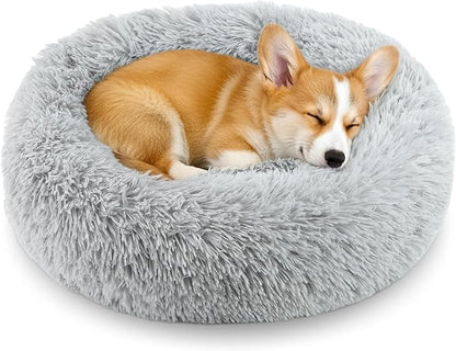 Calming Anti-Anxiety Donuts Dog And Cat Bed, Round Fluffy Soft Washable Pet Bed For Small Medium Dogs And Cats, Cuddler Warming and Comfortable Cushion, Luxury Anti-Slip Waterproof Mute Base 24in Gray