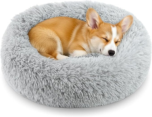 Calming Anti-Anxiety Donuts Dog And Cat Bed, Round Fluffy Soft Washable Pet Bed For Small Medium Dogs And Cats, Cuddler Warming and Comfortable Cushion, Luxury Anti-Slip Waterproof Mute Base 24in Gray