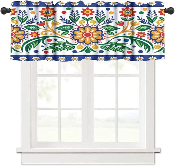 Mexico Valance Curtains Rustic Ethnic Style Dia De Los Muertos Culture Pattern Window Treatment Valances Short Curtains Rod Pocket Drape for Dining Room Home Kitchen Decor, 54x18inch