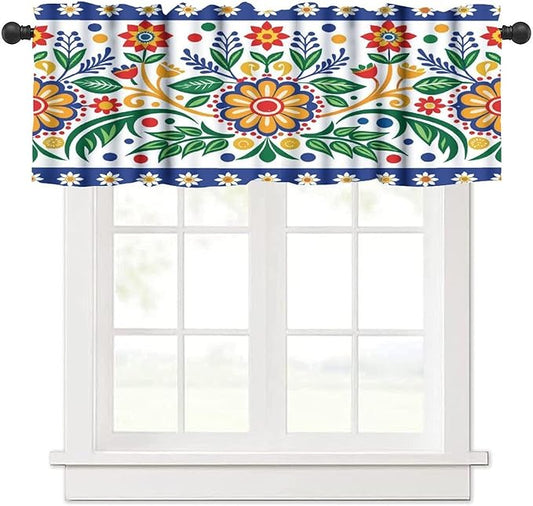 Mexico Valance Curtains Rustic Ethnic Style Dia De Los Muertos Culture Pattern Window Treatment Valances Short Curtains Rod Pocket Drape for Dining Room Home Kitchen Decor, 54x18inch