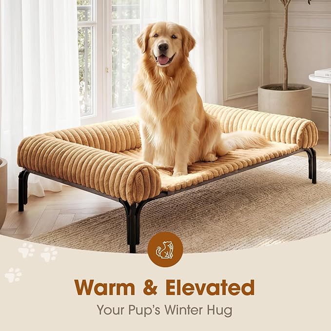 Elevated Dog Bed with Removable Bolster Cushion Mat, Raised Pet Cot for Large Sized Dogs with Breathable & Washable Mesh, Indoor & Outdoor Pet Hammock with Skid-Resistant Feet.