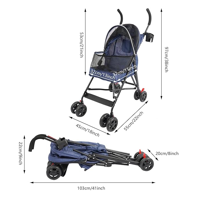 Pet Gear Travel Lite Plus Stroller,Compact Portable Jogger All Terrain Travel Pet Gear, Foldable Lightweight Durable Pet Stroller for Small To Medium Pets Dogs And Cats up to 15 pounds (Bule)