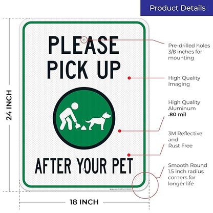 Clean Up After Your Dog Sign, Please Pick Up After Your Pet Sign, 18x24 Inches, 3M EGP Reflective .080 Aluminum, Fade Resistant, Easy Mounting, Indoor/Outdoor Use, Made in USA