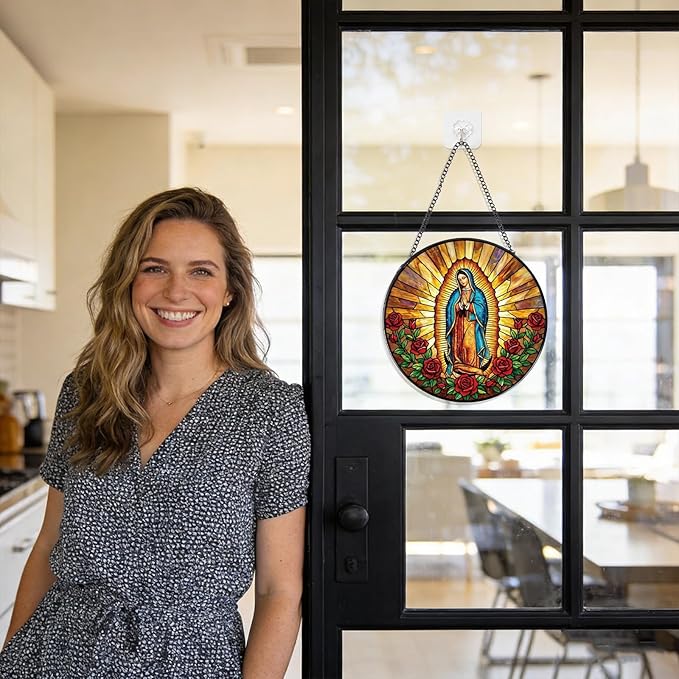 Virgen De Guadalupe Stained Glass Window Hanging, Christian Gifts Sun Catcher Housewarming, Decorative Suncatchers Religious Gifts for Wall Art Landscape Home Decor 8 Inch