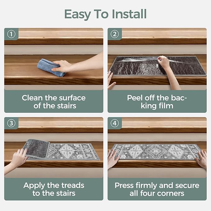 Non Slip Stair Treads for Wooden Steps 15PCS - 8"x30" Indoor Safety Carpet, Edging Mats with TPE Adhesive Backing, Pet and Elderly Friendly Stair Rugs (Charcoal)