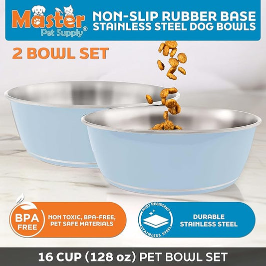 Master Pet Supply Stainless Steel Dog Bowls Set of 2 (128 Oz Each) with Non-Slip Rubber Base - Glacier Blue - Basic Dog Food Bowl Water & Food Bowls for Small Medium Large Dogs & Cats, Metal Dish