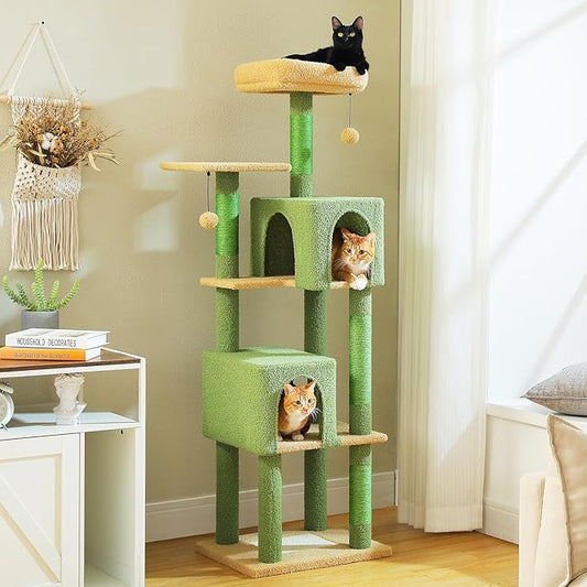 MUTTROS Cactus Cat Tree, 62-Inch Large Cat Tower for Multi-Cat Households w/Scratching Posts, Multi-Level Condo w/Cozy Top Perch & Scratching Pad, Padded Platform, 2 Pompoms, Green