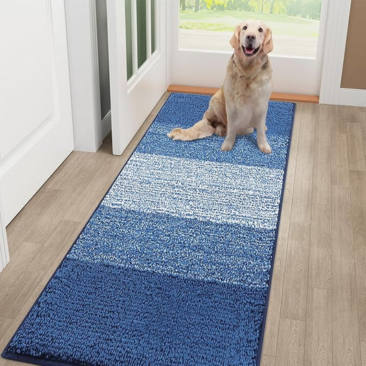 Smiry Dog Door Mat for Muddy Paws, Absorbs Moisture and Dirt, Low-Profile Entryway Mat with Non-Slip Backing, Entry Indoor Outdoor Doormat for Inside Floor (48x32 Inches, Navy Blue, Striped)