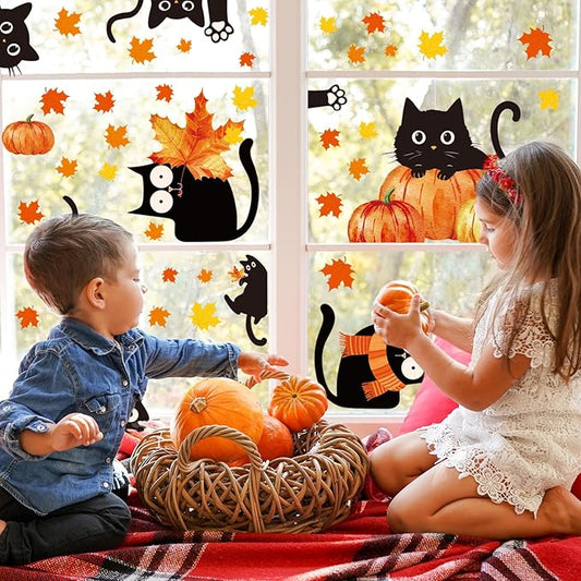 Whaline 6 Sheets Fall Window Clings Cute Black Cat Pumpkin Maple Leaf Reusable Window Decals for Autumn Harvest Thanksgiving Party Supplies Home Classroom Office Decor