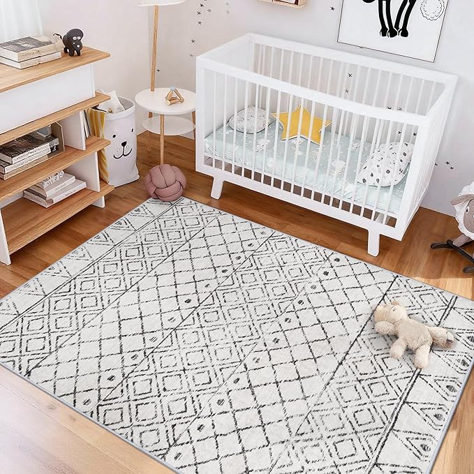 4x6 Area Rug Geometric Moroccan: Washable Non Slip Thin Low Pile Neutral Rugs - Modern Distressed Soft Carpet for Living Room Dining Room Entryway Farmhouse Decor 4x6 Geo Grey