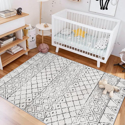 4x6 Area Rug Geometric Moroccan: Washable Non Slip Thin Low Pile Neutral Rugs - Modern Distressed Soft Carpet for Living Room Dining Room Entryway Farmhouse Decor 4x6 Geo Grey