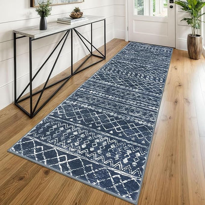 KUTA Moroccan Washable Runner Rug 2.6x8, Non-Slip Vintage Navy Blue Boho Hallway Runners Rugs Ultra Soft Print Distressed Geometric Floor Carpet for Bedroom Laundry Living Room