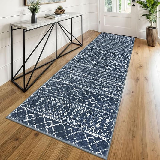 KUTA Moroccan Washable Runner Rug 2.6x8, Non-Slip Vintage Navy Blue Boho Hallway Runners Rugs Ultra Soft Print Distressed Geometric Floor Carpet for Bedroom Laundry Living Room