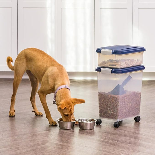 IRIS USA Dog Food Storage Container, 30 lbs & 11 lbs Combo, Cat Food Storage Container, Dog Treat Container, Airtight, Stackable, Wheels, Easy Mobility, Navy