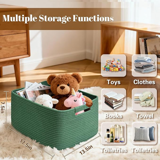 2 Pack Large Storage Basket for Organizing, 17.5"x13"x7" Woven Basket for Shelves, Closet Cube Storage Bins with Wrapped Handle, Cotton Rope Baskets for Kitchen, Clothes, Toys(Green)