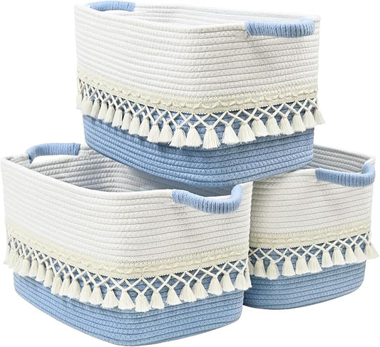 2 Pack Storage Basket, Heavy Tassel Woven Baskets for Storage, Boho Cotton Rope Storage Bin, Cube Organizer Bins, Baby Laundry Basket for Clothes, Toys, Diapers, Pets（White & Blue）