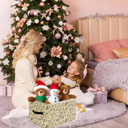 Christmas Floral Storage Bin Box with Handles, Rustic Holiday Floral Botanical Christmas Foldable Organizer Basket Toybox for Home Bedroom Bathroom Clothes Toys Books