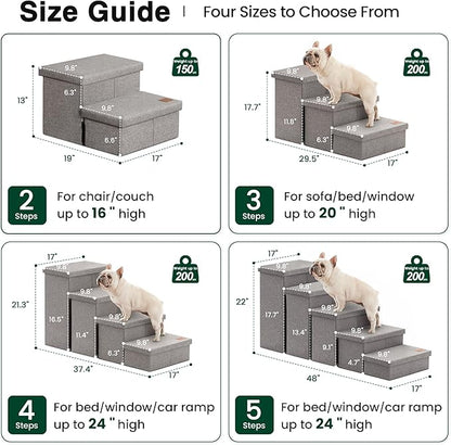 Love's cabin Dog Stairs for Small Medium or Large Dogs with Storage and Adjustable Steps, Foldable Cat Steps for Bed or Couch, 4-Step Gray Folding Ramp with Zip up to 200 lbs, Solid Grey