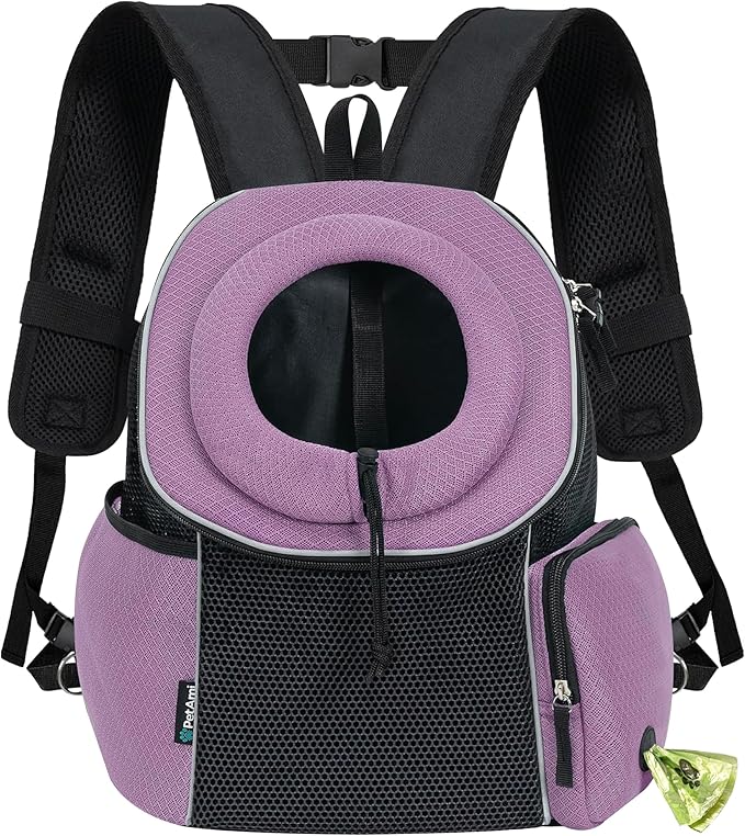 PetAmi Adjustable Cat & Dog Front Chest Carrier Backpack, Ventilated for Hiking & Camping, Max 14 lbs, Purple