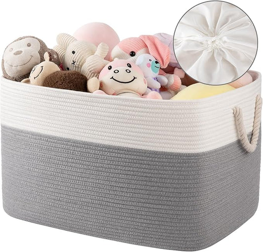 95L Extra Large Blanket Basket with Lid, 24" x 16.9" x 14.2" Woven Storage Basket for Living Room, Rectangle Nursery Blanket Storage for Toys, Towels, Dirty Clothes, Grey & White