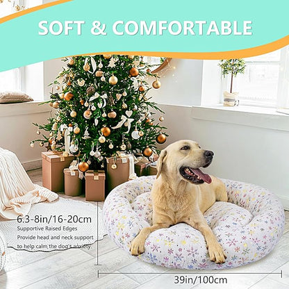 39 Inch Christmas Snowflakes Calming Dog Bed for Large Dogs, Round Anti-Anxiety Warm Bed, Soft Cozy Anti-Slip Donut Washable Pet Bed, Fits up to 100 lbs Pets