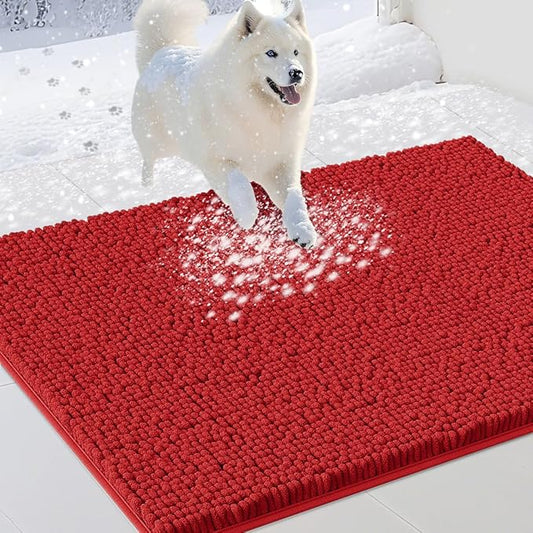 IM HOME Dog Door Mats for Muddy Paws, 30" X 20" Christmas Chenille Absorbent Doormat, Non Slip Heavy Dog Rugs for Muddy Paws, Soft Indoor Door Mat for Entryway, Mud Paw, Inside Floor, Red
