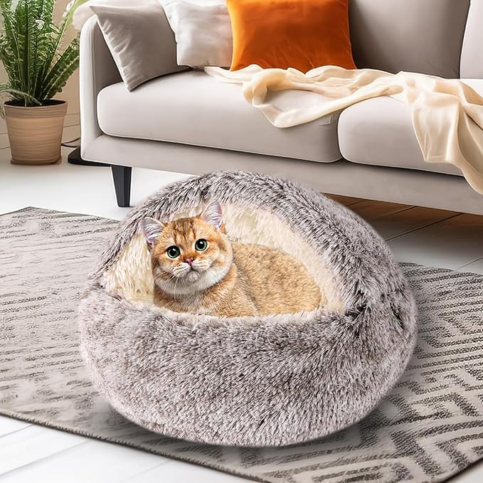 Cat Beds for Indoor Cats,Cat Cave for Puppy and Kitty,Calming Small Dog Bed for Small Dogs with Cover Cave,Cozy Warming Fluffy Washable Anti-Slip Pet Sleeping Bag (Khaki, 22 * 22inch)