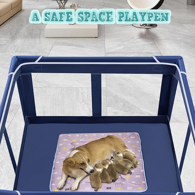 42x42 Inch Puppy Playpen with Cover, Dog Playpen for Puppies or Small Dogs, Pet Fence for Indoor & Outdoor, Sturdy Safety DogPen with Thickened Fabric, High-Strength Nylon Wire Mesh, Blue