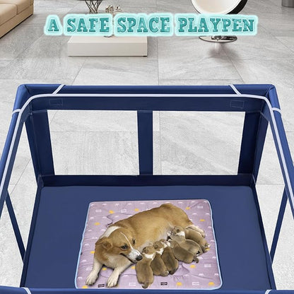 42x42 Inch Puppy Playpen with Cover, Dog Playpen for Puppies or Small Dogs, Pet Fence for Indoor & Outdoor, Sturdy Safety DogPen with Thickened Fabric, High-Strength Nylon Wire Mesh, Blue