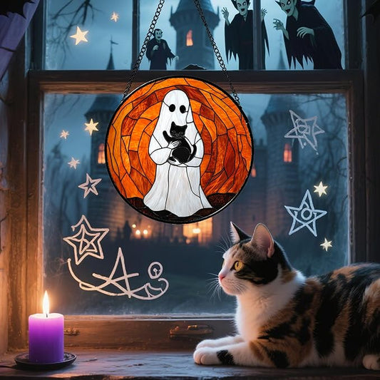 Stained Glass Window Hanging - Halloween Cute White Ghost Black Cat Suncatcher for Doors Garden Home Spooky Orange Sun Catchers Gothic Decor Horror Gift for Women Men Friend Boy Girl 7.8 in