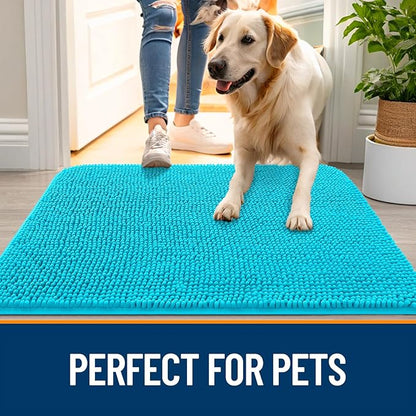 OLANLY Dog Door Mat for Muddy Paws 47x17, Absorbs Moisture and Dirt, Absorbent Non-Slip Washable Doormat, Quick Dry Chenille Mud Mat for Dogs, Entry Indoor Entryway Carpet for Inside Floor, Aqua Blue