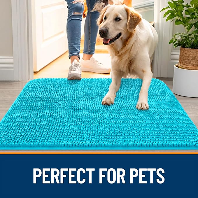 OLANLY Dog Door Mat for Muddy Paws 50x30, Absorbs Moisture and Dirt, Absorbent Non-Slip Washable Doormat, Quick Dry Chenille Mud Mat for Dogs, Entry Indoor Entryway Carpet for Inside Floor, Aqua Blue